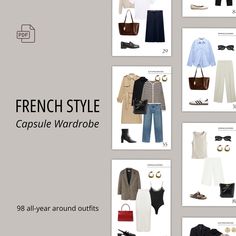 Classic French Style Capsule Wardrobe, 98 All-year Around Pre-styled Outfits, 2024-2025, Parisian Chic Style, Fall Capsule Wardrobe, PDF - Etsy Parisian Chic Style Fall, French Style Capsule Wardrobe, Style Chic Parisien, Parisian Style Outfit, French Inspired Fashion, Chic Capsule Wardrobe, French Capsule Wardrobe, Capsule Wardrobe Planning, 70 Outfits