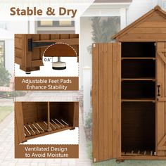 an outdoor storage cabinet is shown with instructions to build the doors and shelves for it