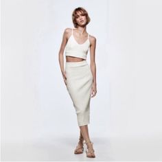 Ribbed Knit Pencil Skirt With Elastic Waistband. Color: Butter Pink Lace Skirt, Business Casual Skirt, Real Life Photos, Zara Midi Skirt, Sequin Midi Skirt, Bodycon Pencil Skirt, Faux Leather Pencil Skirt, Skirt With Elastic Waistband, Zara Skirt