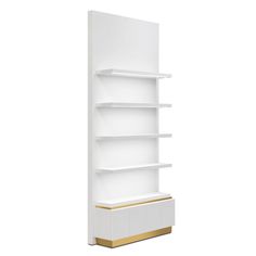 a white book shelf with gold trim on the top and bottom shelves, against a white background