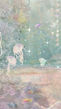 an underwater scene with jellyfish and other sea creatures in the water, surrounded by stars and bubbles