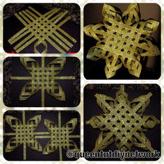 four pictures of gold paper snowflakes with different patterns and sizes, all on black background