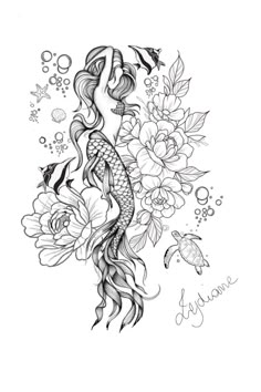 a drawing of a woman with flowers and fish on her back, in black and white