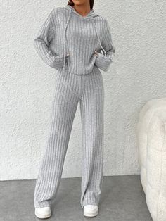 Costum Elegant, Wide Leg Pants Outfits, Drop Shoulder Top, Leg Pants Outfit, Top And Pants Set, Loungewear Sets, Loungewear Set, Knit Hoodie, Casual Sets