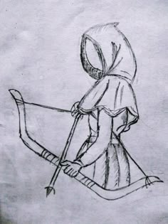 a drawing of a person with a hood on holding a bow and arrow in one hand