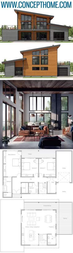 the floor plan for a modern house with lots of windows and wood trimmings