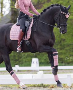 a woman riding on the back of a black horse