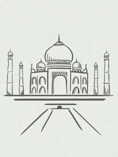 the tajwa mosque in india is drawn with black and white ink on a light gray background