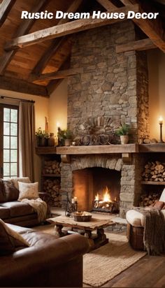 a living room with a fire place and couches in front of a stone fireplace