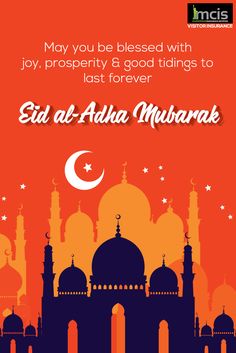 an eid al - adha mubarak greeting card with mosque silhouettes