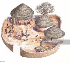 an island with thatched huts and people on the beach, watercolor drawing or illustration