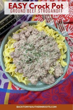 an easy crock pot ground beef stroganoni recipe is shown in a bowl