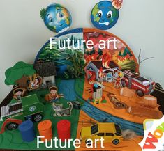 a table topped with lots of toys and magnets on it's sides in front of a sign that says future art