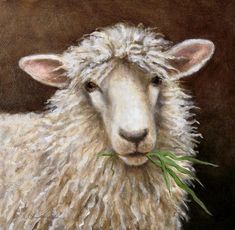 a painting of a sheep with grass in its mouth