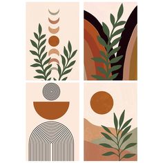 four abstract paintings with different shapes and plants