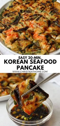 korean seafood pancake is served in a glass dish with tongs and garnishes