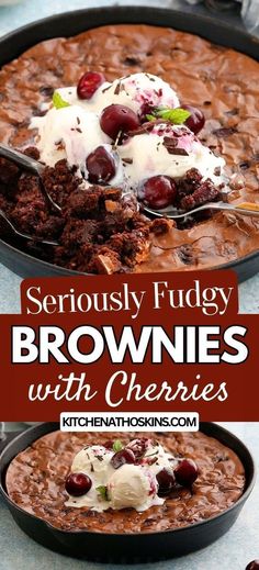 brownies with cherries and whipped cream in a cast iron skillet on a blue table