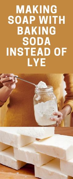 a woman is making soap with soda instead of lye and it's in a jar