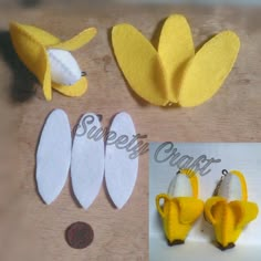 several pieces of felt are arranged on a table with scissors and other items to make them