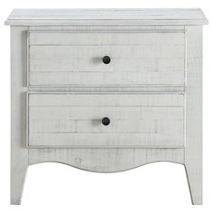 a white dresser with two drawers and black knobs on the bottom, against a white background