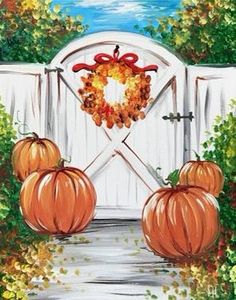 a painting of pumpkins in front of a white gate with a wreath on it