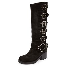 These black faux suede motorcycle boots feature a round toe and chunky heel, combining style with durability. The perfect blend of fashion and function for a stylish ride. Color: Black Material: Faux suede Heel Type: Chunky heel Heel height: 3.5" / 89 mm approx Shaft height: 14.5'' / 368 mm approx Product measurements were taken using size 8. Please note that measurements may vary by size. Toe: Round toe Sophisticated buckled harness design Handcrafted US sizing. Fits true to size. Edgy Wide Calf Platform Boots For Fall, Punk Style Heeled Boots With Buckle For Winter, Edgy Platform Boots With Block Heel, Punk Style Winter Heeled Boots With Buckle Closure, Punk Style Platform Boots With Buckle For Fall, Edgy Martin Boots With Buckle Closure For Fall, Edgy Martin Boots With Buckle For Fall, Punk Moto Boots With Buckle Closure For Fall, Punk Moto Boots With Buckle For Fall