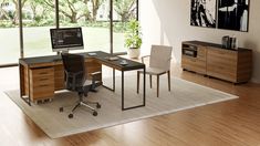 an office with a desk, chair and computer monitor on top of a rug in front of large windows