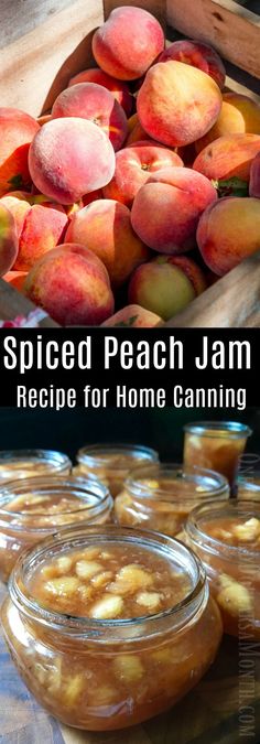 jars filled with peach jam sitting on top of a wooden table