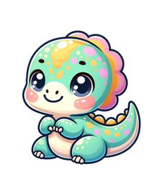 a cute little dinosaur with big eyes and a flower on it's head, sitting down