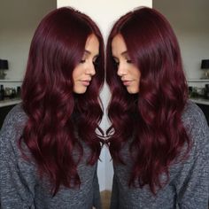 Red Hair Colours Ideas, Fall Burgundy Hair, Red Hair With Red Money Piece, Burgundy And Purple Hair, Bordeaux Hair Color, Deep Maroon Hair, Witch Hair Color, Violet Red Hair Color, Bordeaux Hair