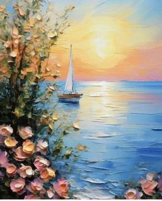 a painting of a sailboat on the water with roses in foreground and sunset behind it