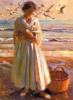 a painting of a woman on the beach with seagulls in the sky above her