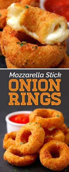 onion rings with cheese and sauce on top, and the words mozzarella stick onion rings