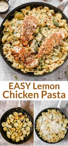 easy lemon chicken pasta in a cast iron skillet