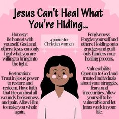 a woman's face with the words jesus can't heal what you're hiding