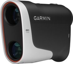 the garmin camera is white and black with an orange stripe on it's side