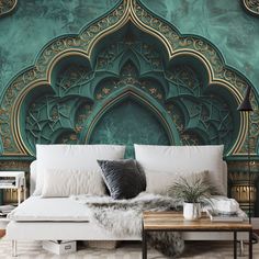 a living room with a couch, coffee table and green wallpaper in the background