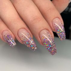 Sparkly Minimalist Nails, Bright Sparkly Summer Nails, Glitter Ombre Nails Coffin, Hot Pink Sparkly Nails, Carnival Nails, Simple Toe Nails, Posh Nails, Multicolored Nails, Luminous Nails