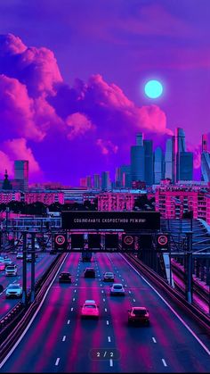 cars driving down the road in front of a city skyline at night with pink and purple hues