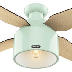 a light green ceiling fan with two wooden blades and a light bulb on the top