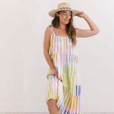 Sunshine Tienda® Colorful Stripe Champagne Beach Dress Champagne Beach, Organic Cotton Dress, Park Designs, New Braunfels, Selling Prints, Scarf Headband, Flattering Dresses, Pajama Robe, Elizabeth And James