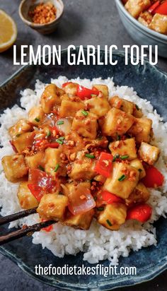 the recipe for lemon garlic tofu is shown on top of rice with chopsticks