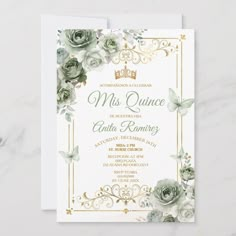 a white and gold wedding card with roses on it, featuring the words miss quince