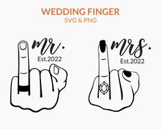 two fingers pointing to each other with the words mr and mrs in black on them