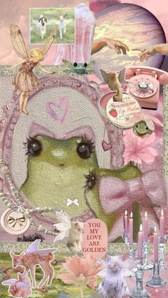 a collage with an image of a frog in a pink dress and other items