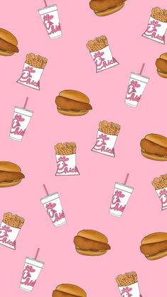 a pink background with hotdogs, fries and drinks on top of each other