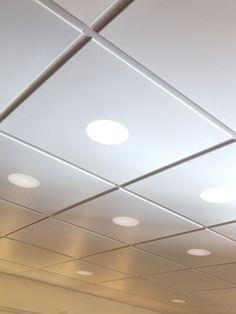 the ceiling is covered with round lights and dimmers in an office building or conference room