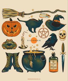 an illustration of witches and pumpkins on a white background