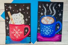 two paintings of hot chocolate and marshmallows in mugs with snowflakes