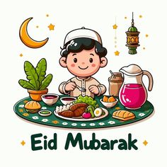 a cartoon character sitting at a table with food on it and the words eid mubarak written in arabic